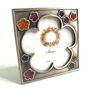 Sienna Pewter Picture Frame With Multicolored Sparkle Flower Design & Glass Shie